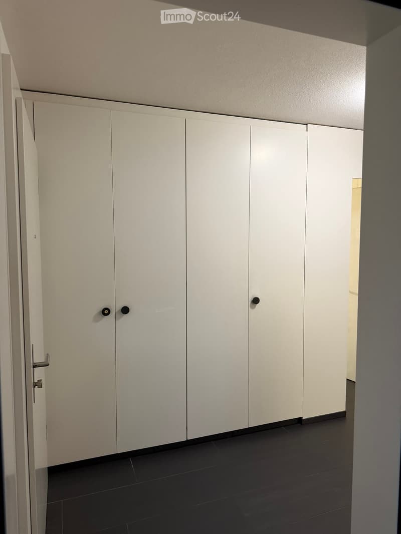 A modern hallway with white built-in cabinets and dark tiled flooring, featuring sleek black handles and a visible doorway leading to another room.