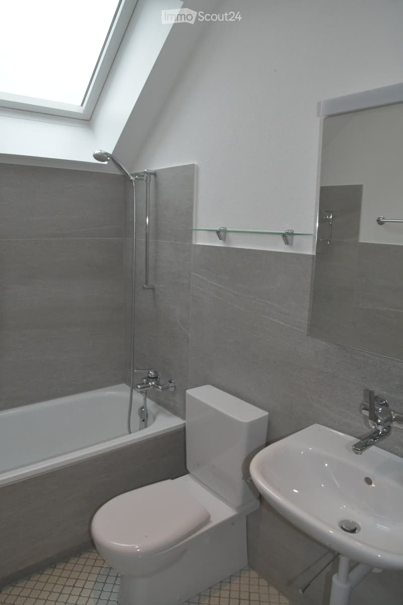 Bathroom with bathtub, toilet, sink, and a skylight