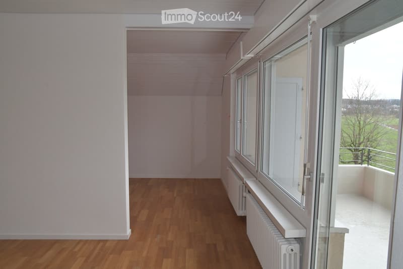 empty room, wooden floor, white walls, large windows, balcony with railings, view of a field