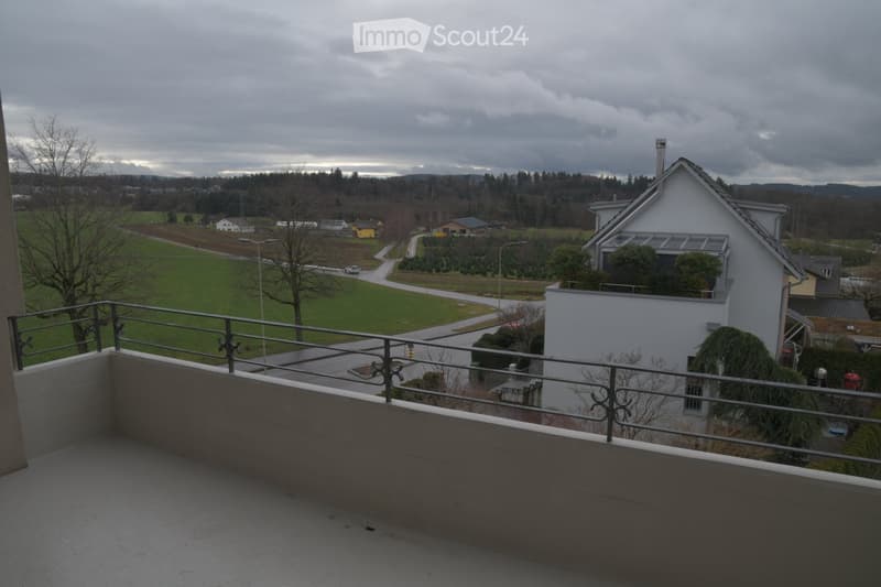 A balcony with a metal railing, overlooking a green field and a road with a car, a house, and trees in the distance.