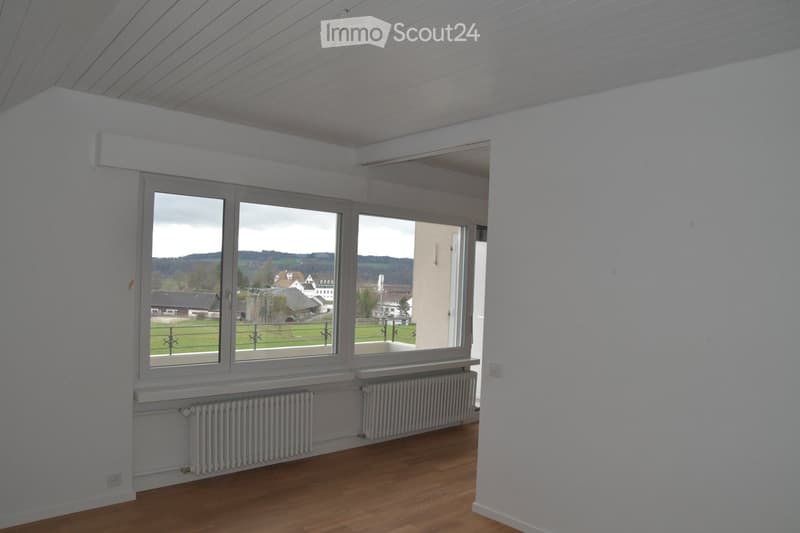 empty room, white walls, wooden floor, large windows, balcony, radiators