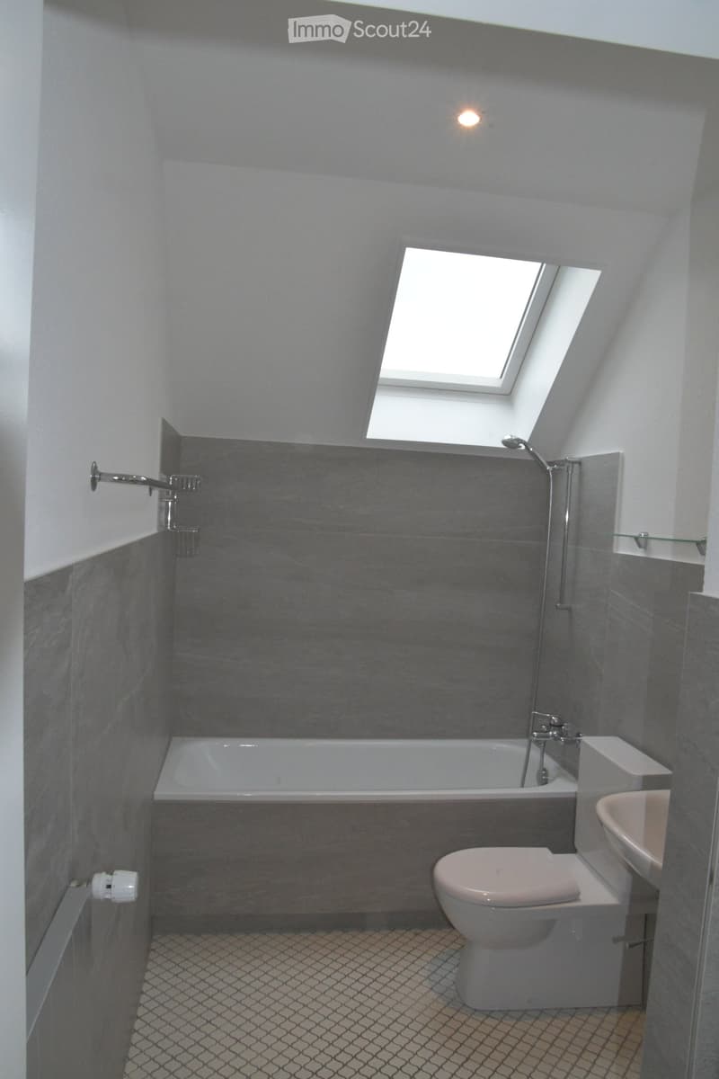 Bathroom with bathtub, toilet, sink, shower, skylight