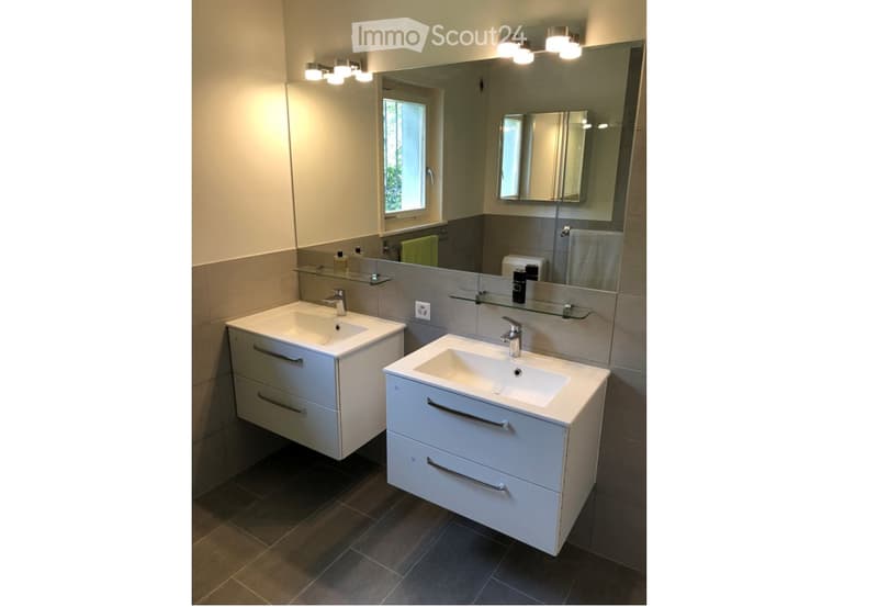 Modern bathroom with two white sinks, mirrored cabinet, and sleek fixtures.