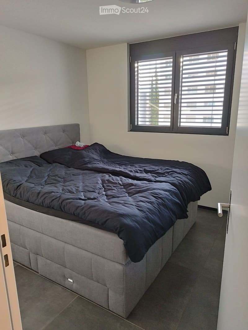 Modern bedroom with a large, grey upholstered bed, dark bedding, and a large window with blinds.