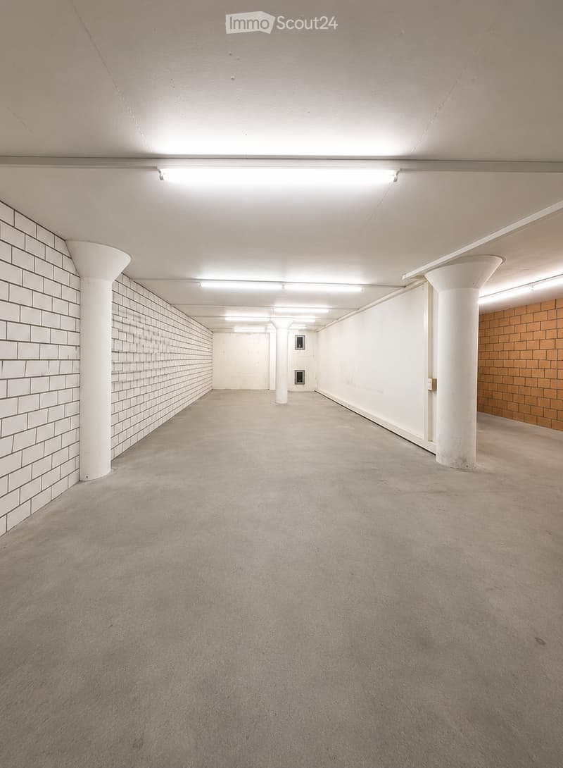 Empty hallway with white brick walls, concrete floor, white columns, and recessed lighting.