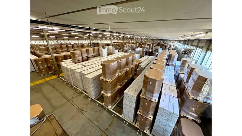 A large warehouse space filled with numerous stacked cardboard boxes and pallets, organized in rows. The area is well-lit with overhead fluorescent lighting, and the floor is marked with numbered sections.