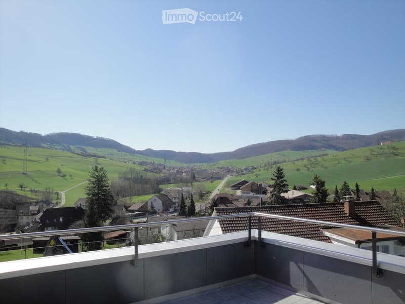 Balcony with metal railing overlooking a rural village with green fields, houses, and distant hills.