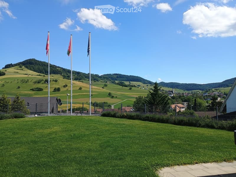 Lush green lawn with a metal fence, three flagpoles with flags, and a scenic view of rolling hills and a town in the distance.