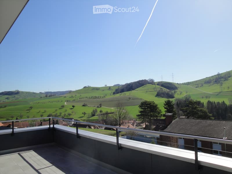 Balcony with modern metal railing, tiled floor, overlooking a green hilly landscape with scattered houses and trees.