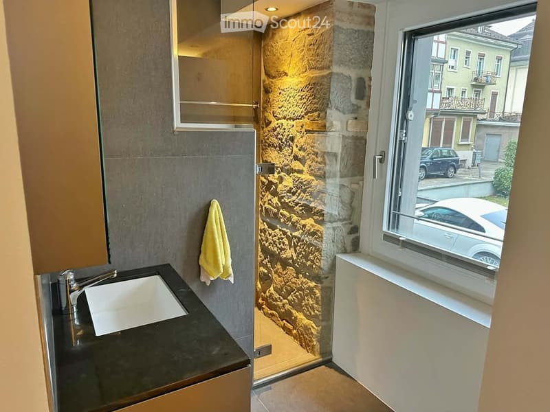Modern bathroom with a glass shower enclosure, stone wall, sink, and towel hanging on the wall. The window offers a view of the street with parked cars.