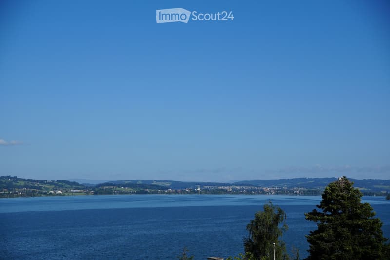 A scenic view of a large lake surrounded by green hills and a town in the distance, with a clear blue sky overhead.