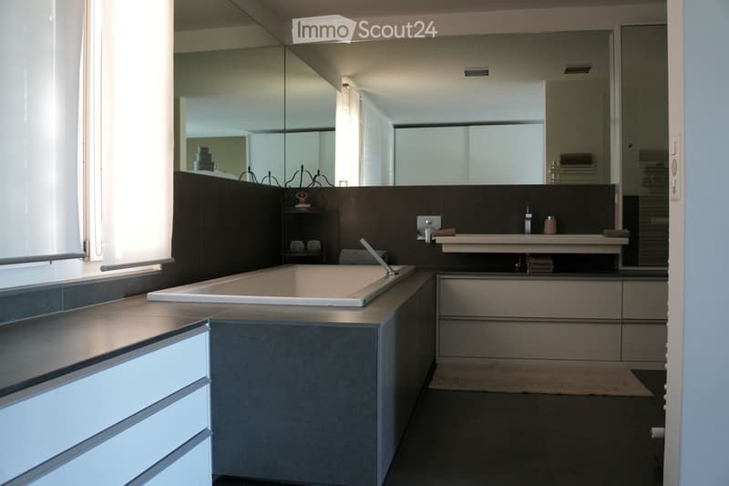 Modern bathroom with a freestanding bathtub, double sink, large mirror, and built-in cabinets.