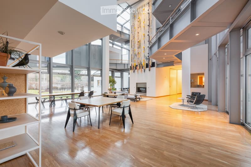 Open-plan living and dining area with light wood flooring, large windows, modern furniture including tables, chairs, a sofa, and a fireplace.
