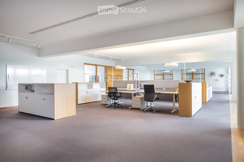 Modern office space with desks, chairs, cabinets, and a large screen on the wall. The room features a gray carpet, white walls, and large windows with wooden frames.