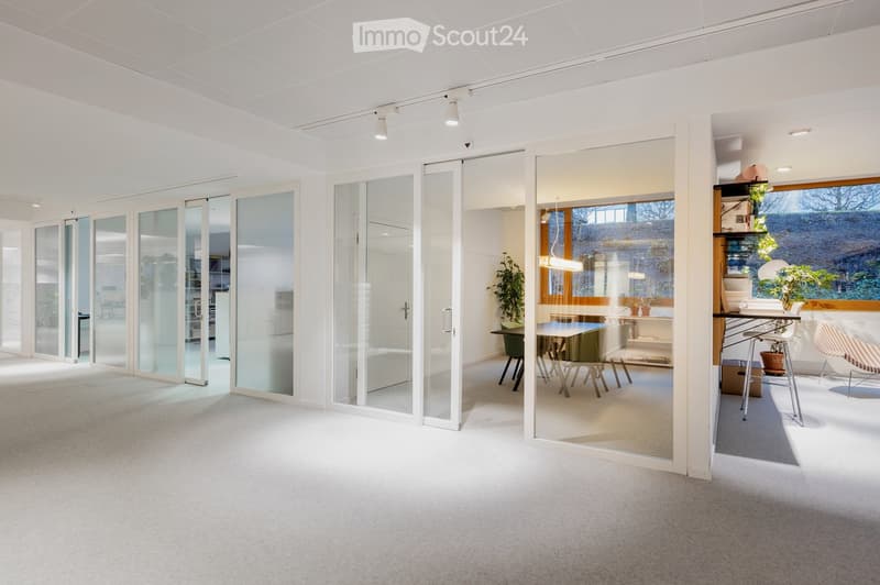 Open-plan office space with glass partitions, modern furniture, and large windows allowing natural light.