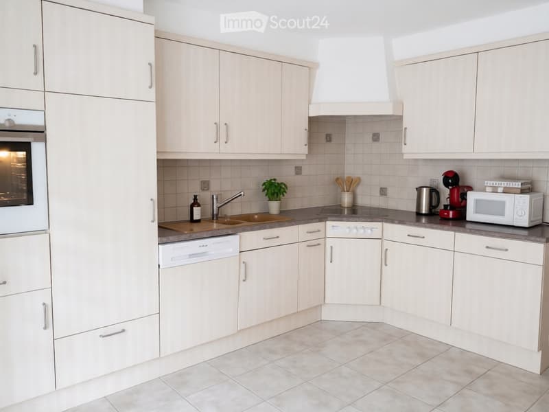 Modern kitchen with light-colored cabinets, stainless steel appliances, and a tiled backsplash. Includes an oven, dishwasher, microwave, coffee maker, and a small potted plant on the counter.