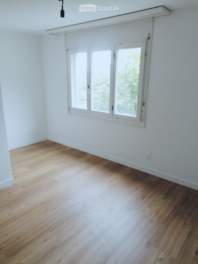 Empty room with light wooden flooring and white walls, featuring large sliding glass doors with a view of greenery outside.