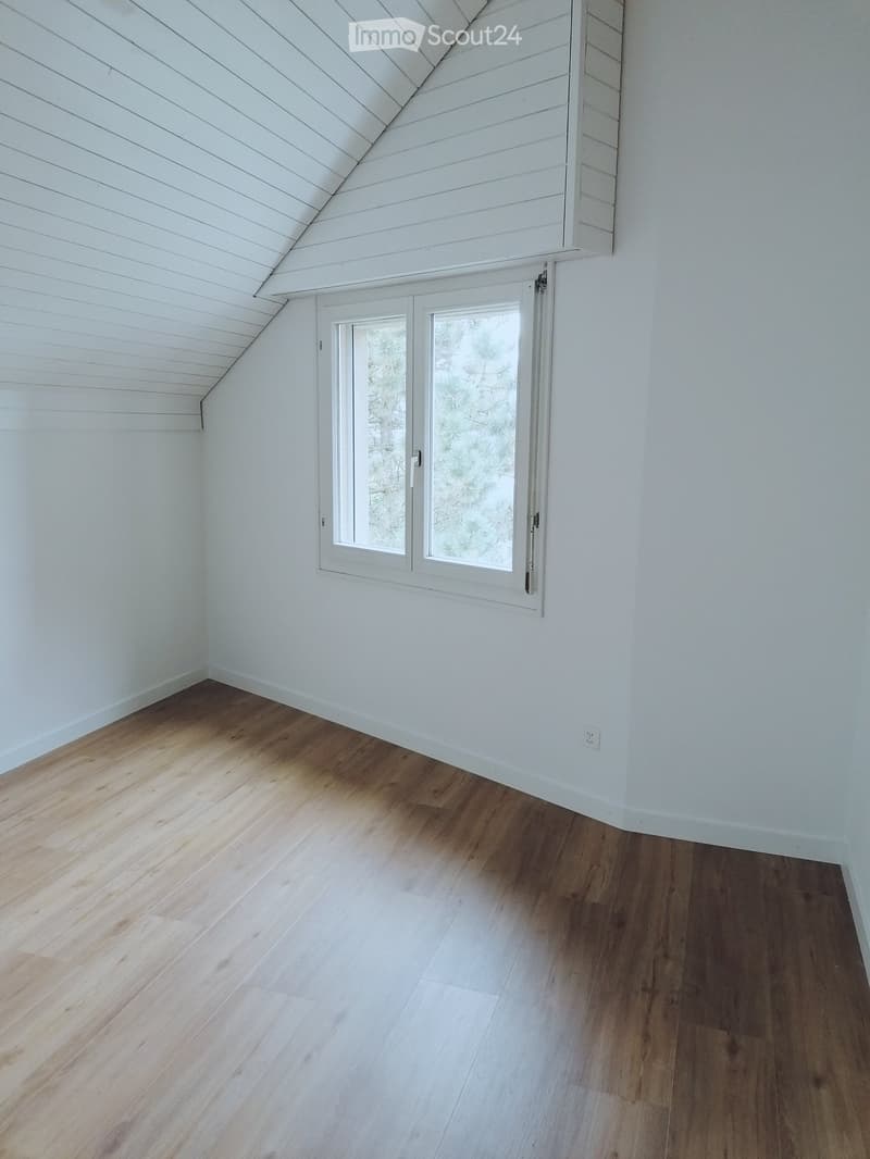 Empty room with white walls, wooden flooring, and a large window with a view of trees.