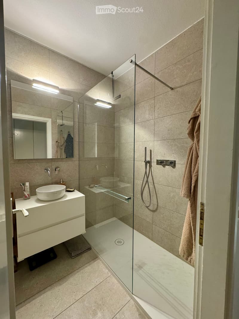 Modern bathroom with a white sink, large mirror, glass-enclosed shower, and a towel hanging on the door.