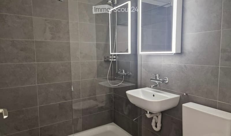 Modern bathroom with grey tiled walls, a white sink, toilet, and a glass-enclosed shower area with a built-in shelf. Two illuminated mirrors are mounted on the wall above the sink.