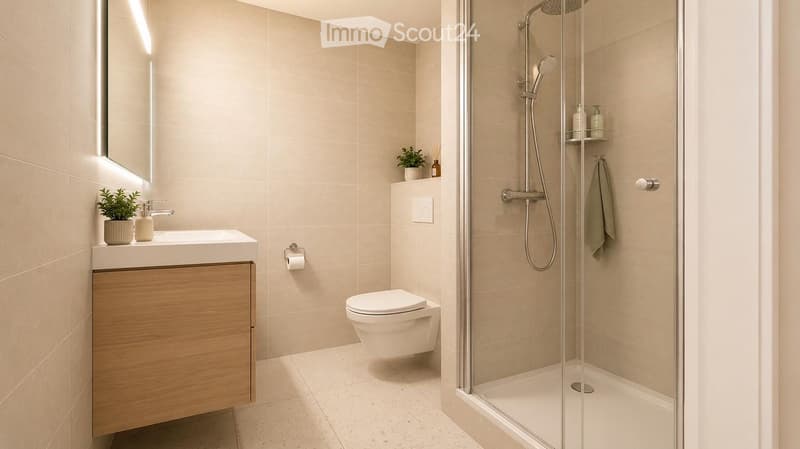 Modern bathroom with a wooden vanity, sink, mirror, toilet, and glass-enclosed shower with a handheld showerhead. Includes a small plant and decorative items on the vanity.
