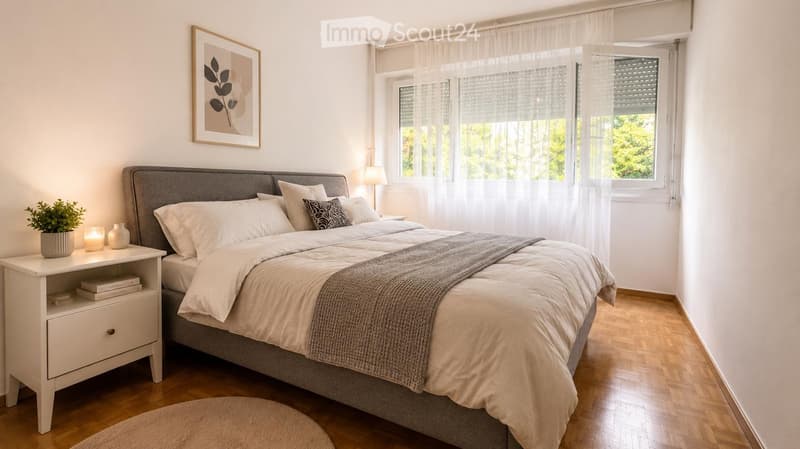 A modern bedroom with a large bed, nightstand, lamp, potted plant, books, decorative vases, and a candle on the nightstand. The room features wooden flooring and large windows with sheer curtains.