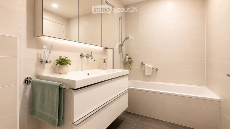 Modern bathroom with a white sink, mirror, bathtub, and various accessories including a plant and towels.