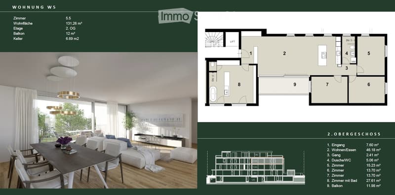 Floor plan of a 2-story apartment with living/dining area, bedrooms, bathrooms, and balcony.