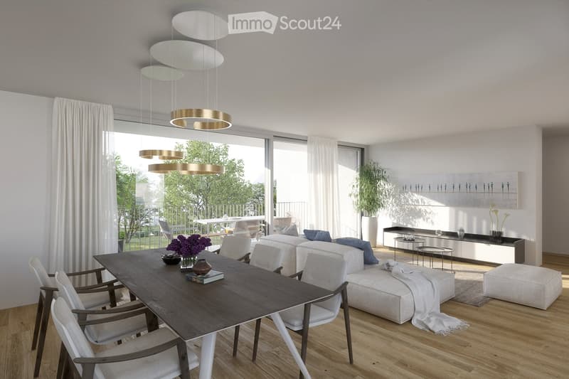 Modern living and dining area with a sofa, ottoman, coffee table, dining table, chairs, and decorative vases. Large windows with white curtains and a view of a balcony.