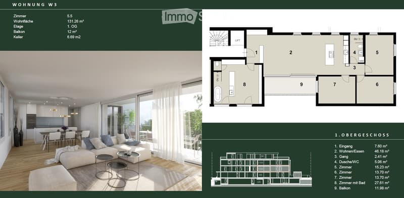 Floor plan of a 5.5-room apartment with 131.26 m² living space, including a balcony and a basement. The layout includes a living/dining area, kitchen, three bedrooms, and a bathroom.