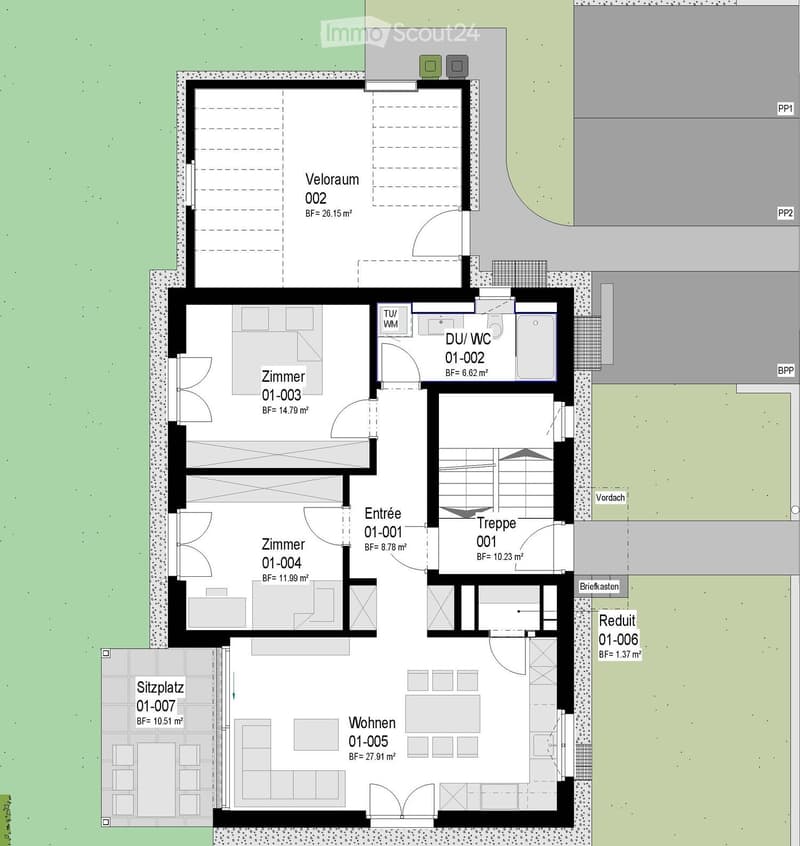 Floor plan showing a multi-room layout including a living area, bedrooms, bathroom, entrance, staircase, and storage space.