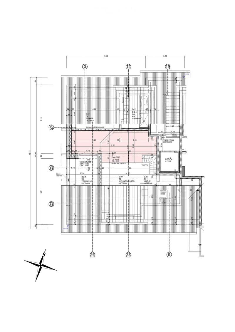 Floor plan showing multiple rooms including living space, kitchen, bedrooms, bathrooms, and a gallery area. Includes labeled dimensions and room numbers.