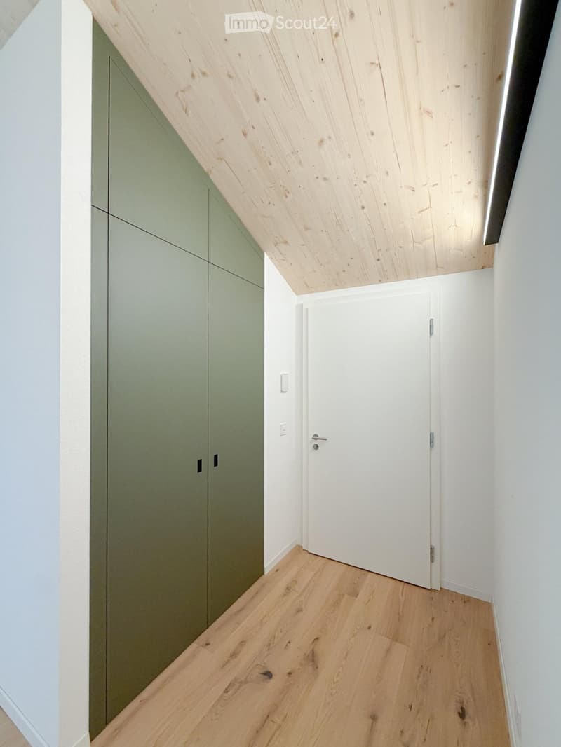 A narrow hallway with light wooden flooring, white walls, and a green closet on one side. A white door is visible at the end of the hallway.