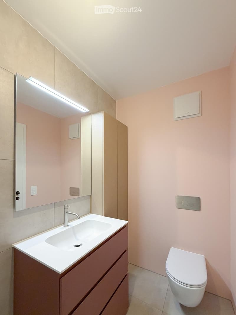 Modern bathroom with a white sink, chrome faucet, mirrored cabinet, and a toilet. Light pink walls and sleek fixtures.