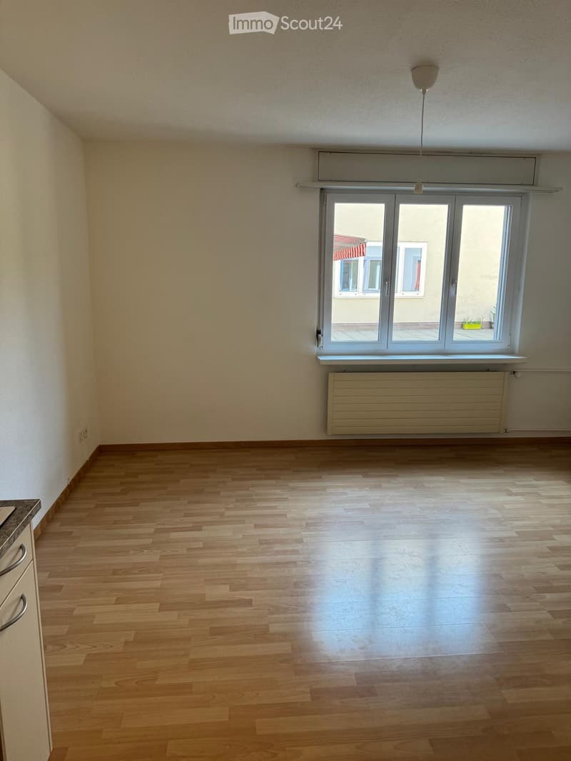 Empty room with wooden flooring, white walls, large window with sliding doors, radiator, and visible electrical outlet.