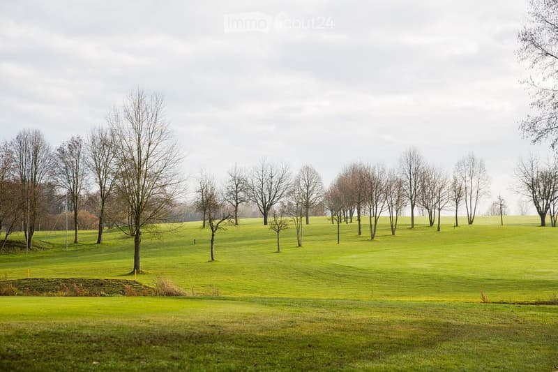 A landscape with neatly trimmed grass, trees, small mounds, a subtle hill, cloudy sky, and some poles.