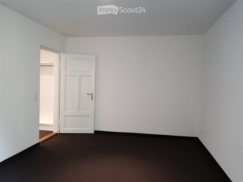 empty room, white walls, black floor, open door, small closet