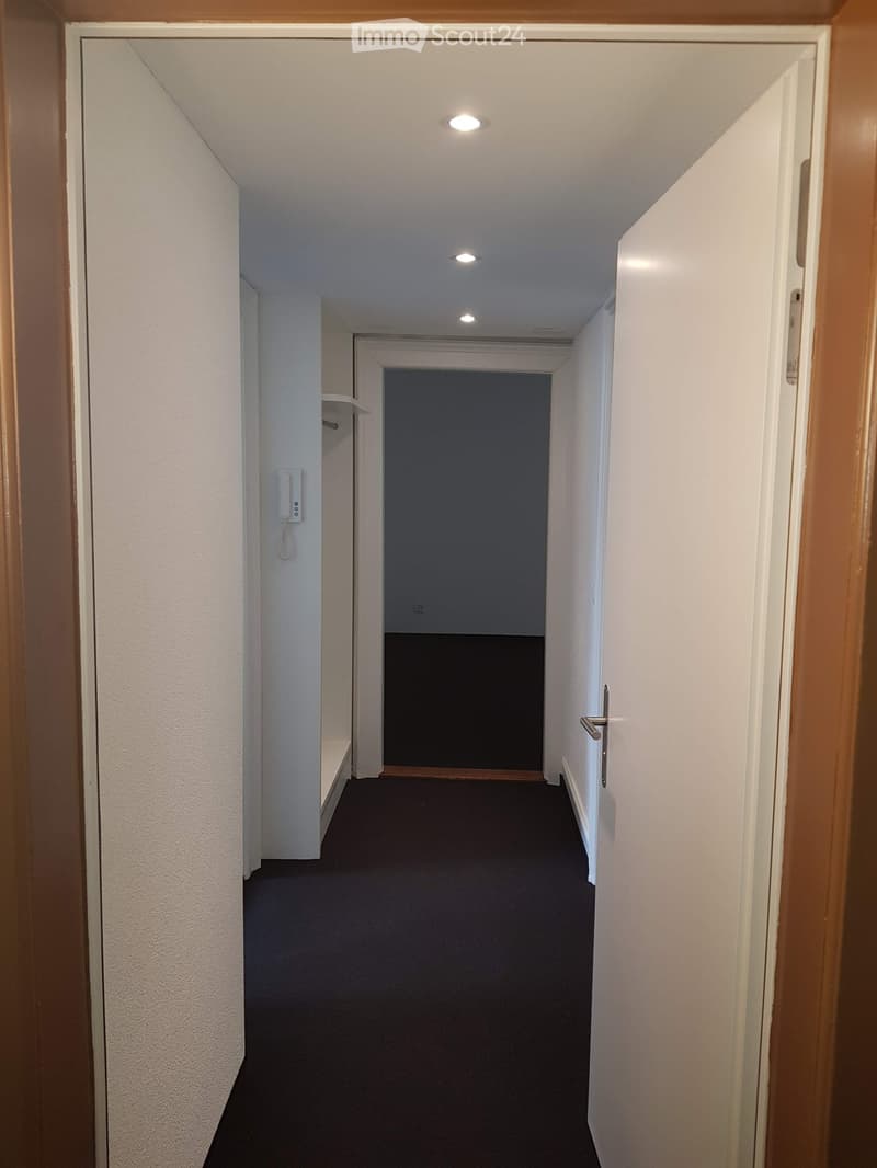 Empty hallway with white walls, black carpet, ceiling lights, and a door leading to another room.