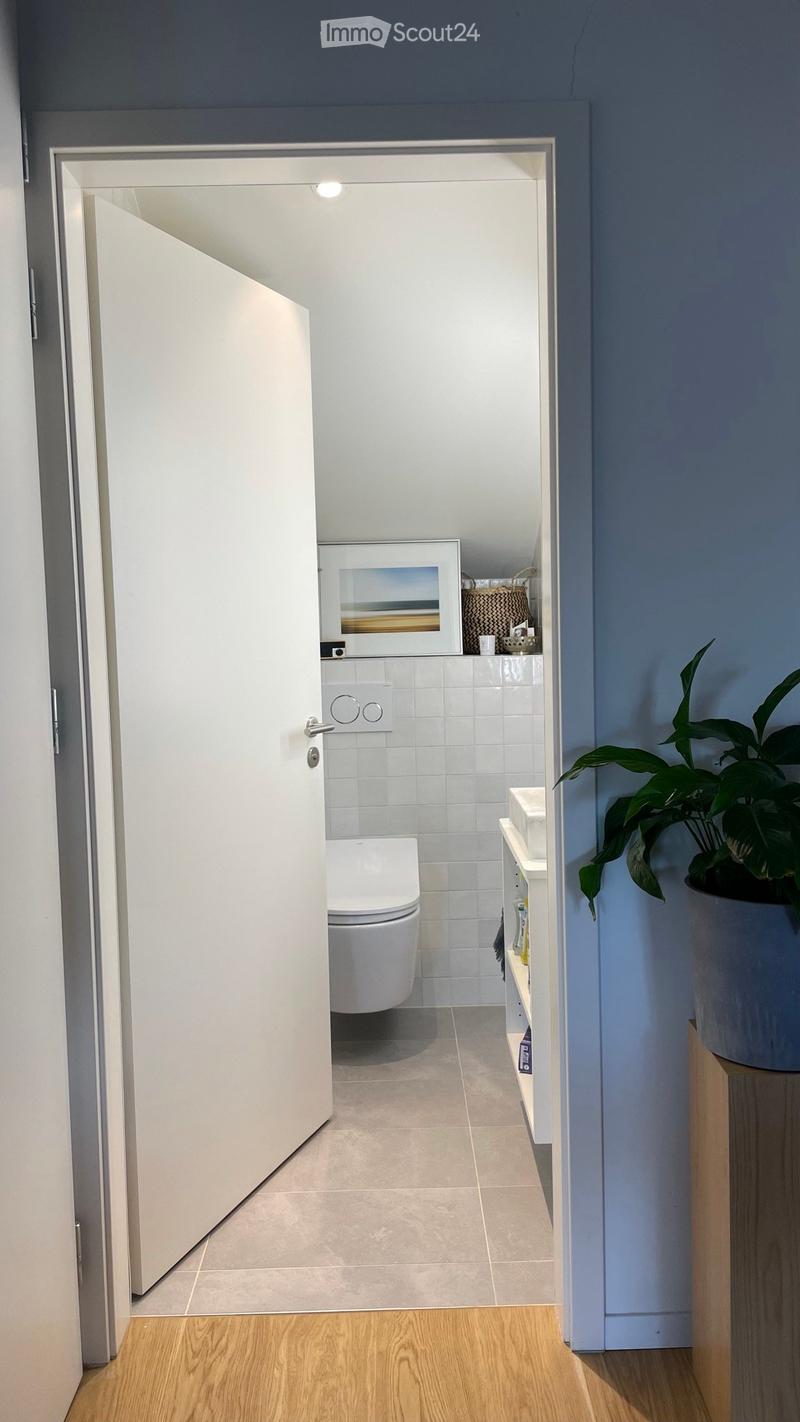 Modern bathroom with white tiled walls, a toilet, a sink, a picture frame, and a potted plant in the hallway.