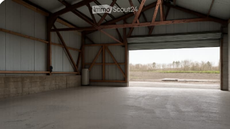 Empty garage with wooden beams, metal walls, and a large open door leading to an outdoor area.