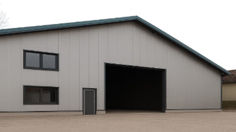 Modern, single-story building with a large garage door, two windows, and a small side door. The exterior is clad in light grey metal panels with a green roof.