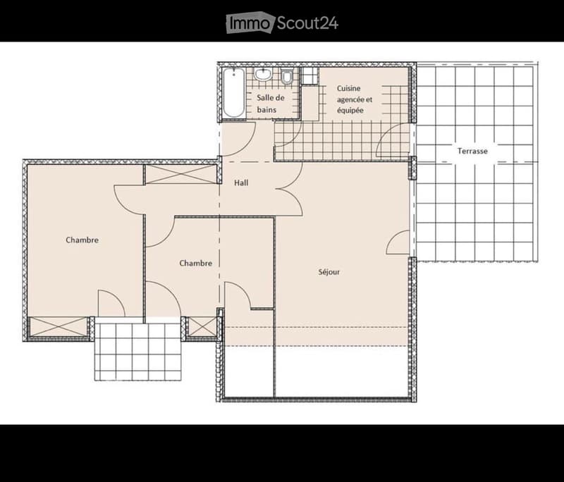 Floor plan showing a living room, kitchen, two bedrooms, bathroom, and terrace.