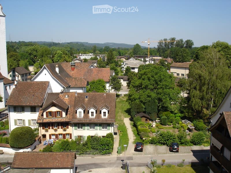 Aerial view of a residential area with multiple houses, gardens, and trees. The houses have pitched roofs and are surrounded by greenery.