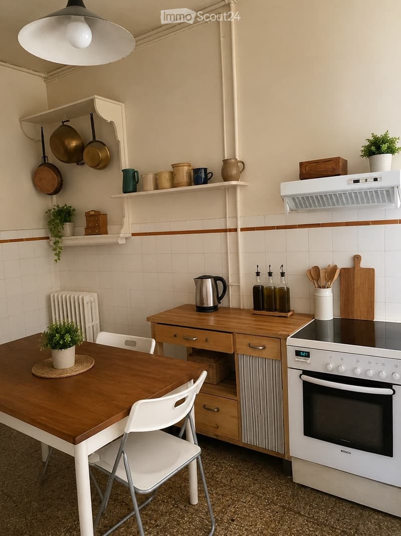 A cozy kitchen with a wooden dining table, white chairs, a Bosch oven, a radiator, and various kitchen utensils and appliances neatly arranged on shelves and counters.