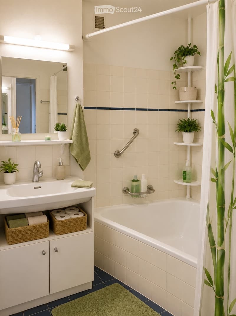 Modern bathroom with a white tiled wall, a bathtub, a sink with a mirror, and a towel hanging on a rack. There are plants on shelves and a green bath mat on the floor.