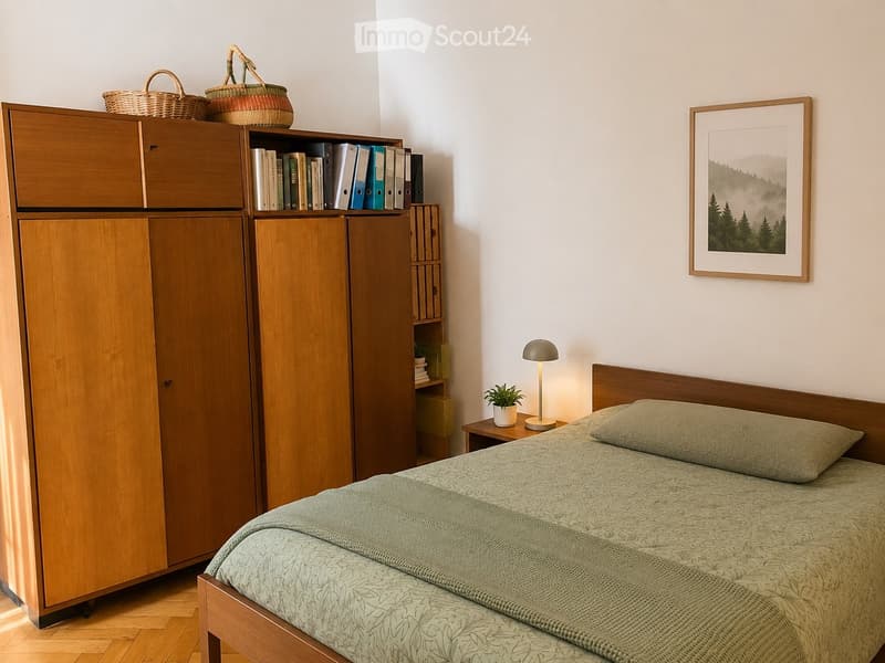 A cozy bedroom with a wooden bed, nightstand, lamp, potted plant, wardrobe, bookshelf, and a framed picture on the wall.