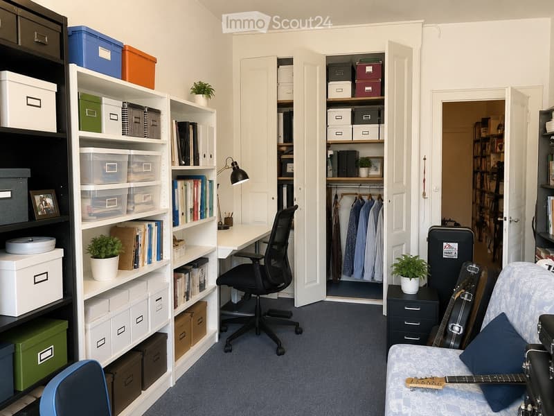 A well-organized room with a desk, chair, shelves filled with books and storage boxes, a guitar on a stand, and a small plant on a side table.