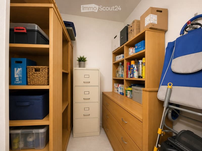 A well-organized storage room with wooden shelves, a filing cabinet, and various storage items including boxes, baskets, and cleaning supplies.