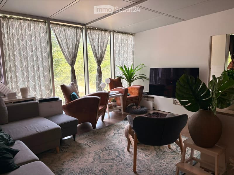 Modern living room with large windows, grey sofa, multiple chairs, coffee table, television, and decorative plants.