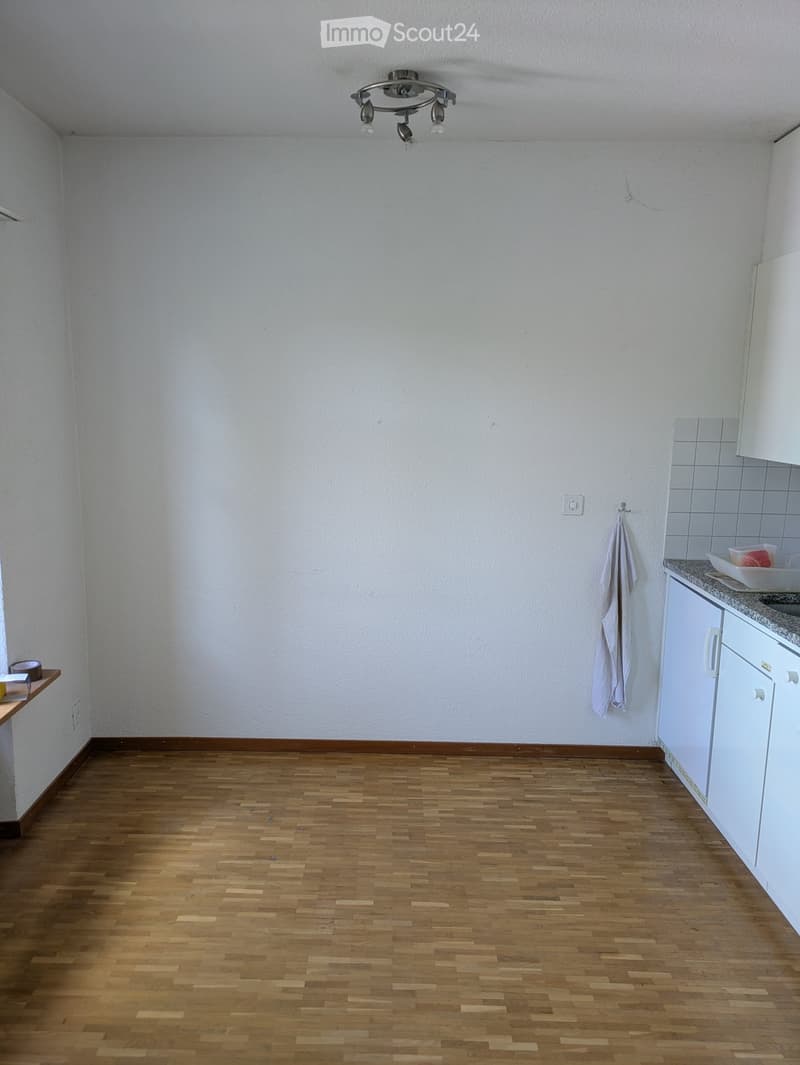 Empty room with wooden flooring, white walls, and white cabinets. A small shelf with a few items is visible on the left side.